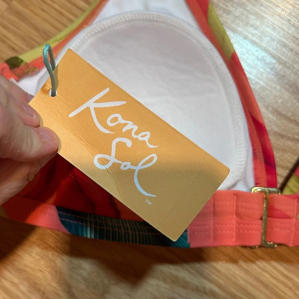 NWT Kona Sol Womens‎ Tropical Leaf Halter Triangle Bikini Top Coral Small